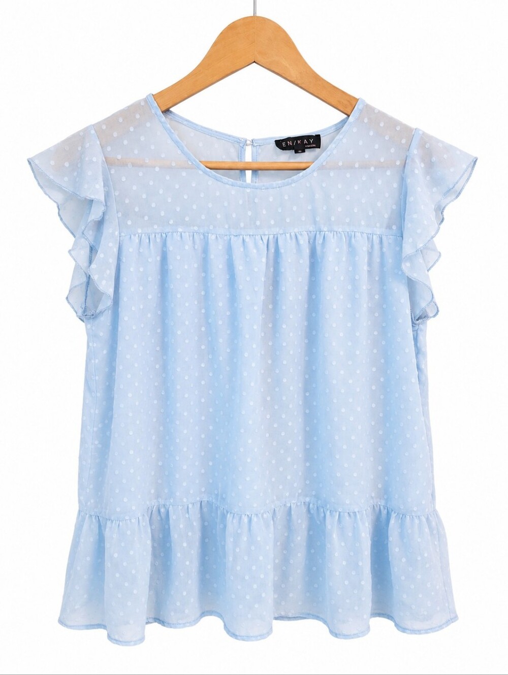 EN/KAY by Navleen Light Blue Swiss Dot Flutter Sleeve Peplum Blouse Large